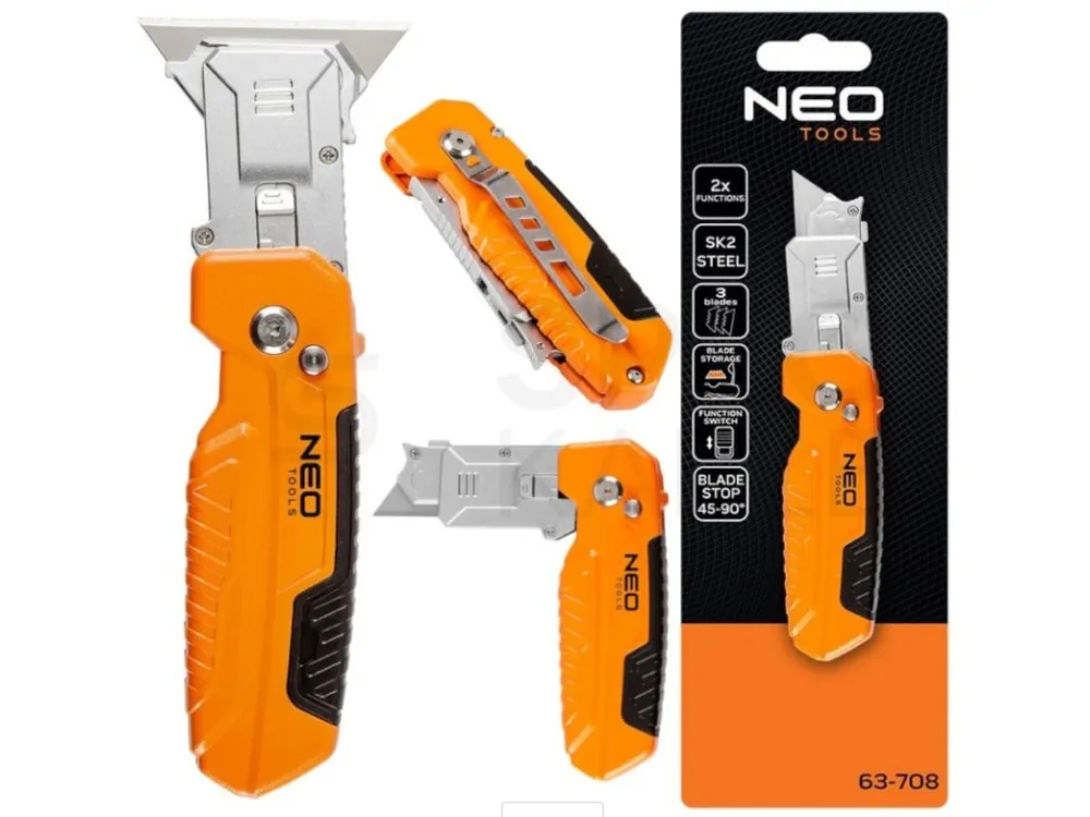 Novinka Zavírací nůž Neo Tools 63-708 s vyměnitelnou trapézovou čepelí a škrabkou