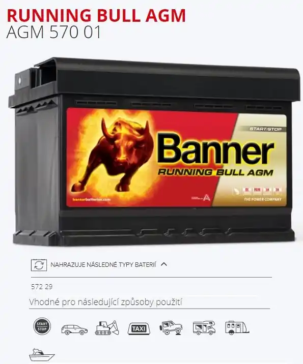 Autobaterie BANNER 70Ah/760A Running Bull AGM Start-Stop s rekuperací /278x175x190/ Originální