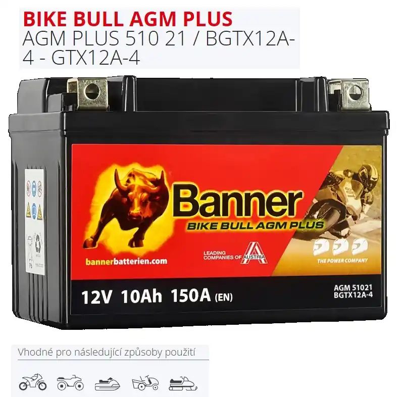 Motobaterie BANNER 12Ah/150A BGTX12A-4 - GTX12A-4 Bike Bull AGM Plus /150x88x105/ Levný