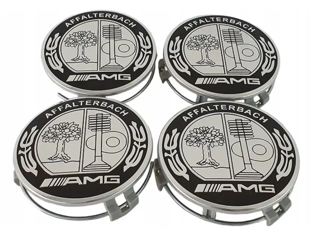 Mercedes Benz AFFALTERBACH AMG středové krytky kol pokličky černobílé 75mm (sada 4ks) Cenová Bomba